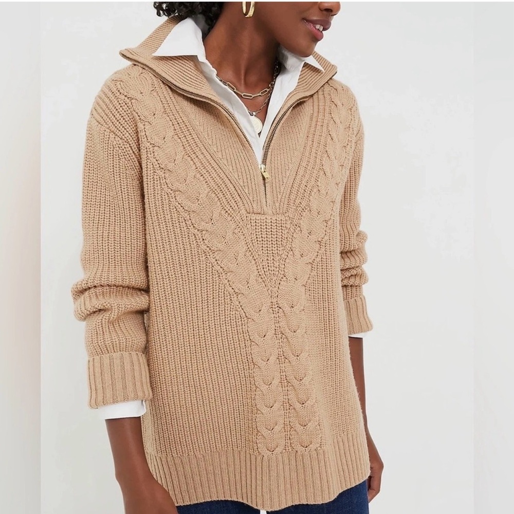 Tuckernuck Estella wool camel quarter zip cable sweater size X large 100% Wool